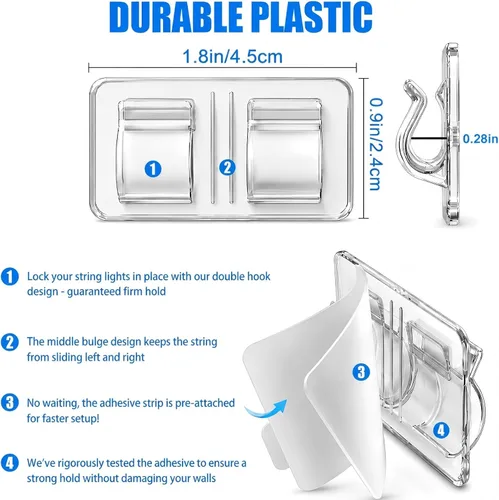 Vista 2 de Keviyi - Ganchos para luces de cadena al aire libre: 25 piezas de clips para cables resistentes con tiras adhesivas impermeables para colgar luces
