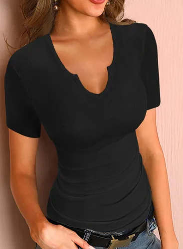 Vista 2 de SANDERY Camisetas básicas de verano para mujer, cuello en V, sexy, de manga corta, ajustadas, acanaladas, casuales