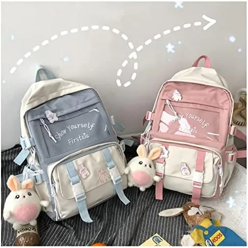 Vista 6 de ncduansan Mochila Kawaii con pin Kawaii y accesorios linda mochila estética y linda mochila Kawaii para la escuela azul Blue01