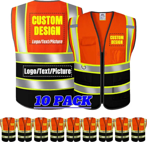 Vista 33 de BeautyWill Chaleco de seguridad con logotipo personalizado Class2 Chaleco reflectante de alta visibilidad con bolsillos y cremallera chaleco