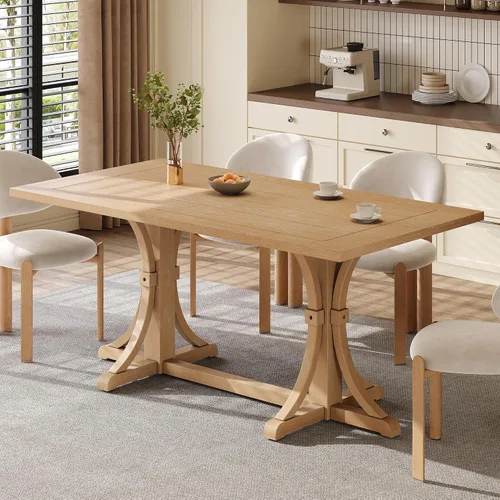 Vista 17 de Mesa de comedor extensible ovalada de madera con base de pedestal Marrón