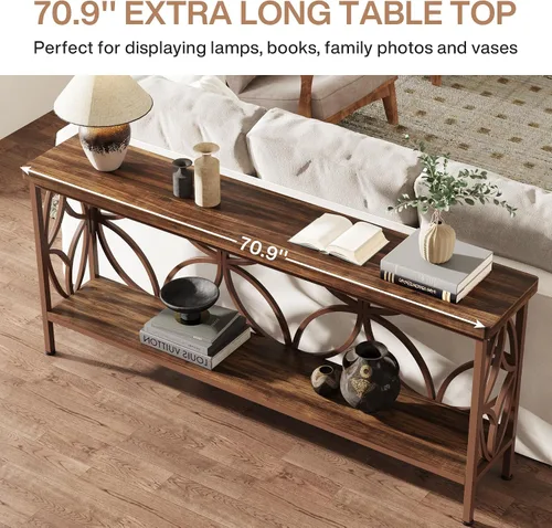 Vista 8 de Tribesigns - Mesa de sofá estrecha de 70.9 pulgadas, mesa de sofá larga industrial detrás del sofá, mesa consola de entrada con almacenamiento