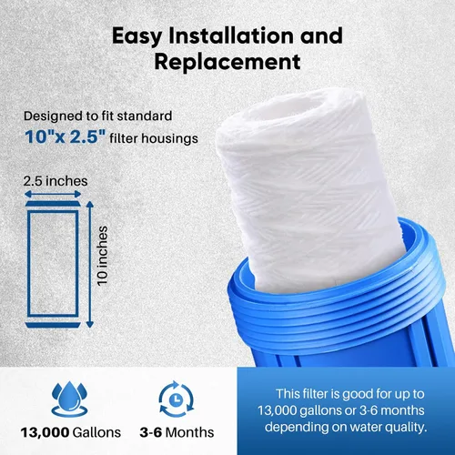 Vista 3 de PUREPLUS Filtro de sedimentos para heridas de cuerda para toda la casa de 10 micrones de 10 x 2.5 pulgadas para agua de pozo, cartucho de repuesto