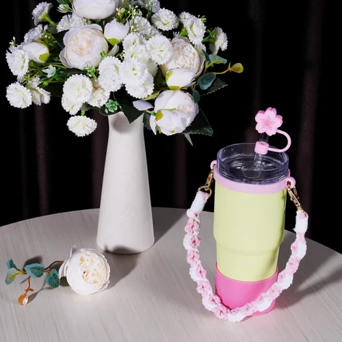 Vista 3 de NiHome Kit de Accesorios para Vaso Stanley de 14 onzas, Incluye Correa de Asa Tejida a Mano, Anillo de Silicona, Tapa de Pajita de Silicona y Rosa