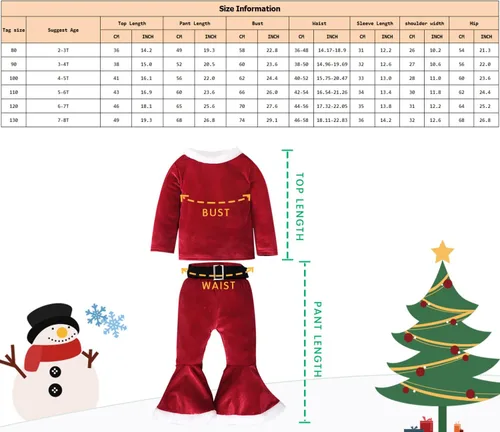 Vista 7 de AGQT Traje de Navidad para niñas pequeñas, conjunto de pantalones Snta Claus de manga larga, pantalones acampanados, sombrero talla 2-8T