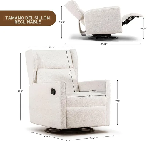 Vista 2 de COMHOMA Mecedora para Cuarto de Bebé Teddy Tapizada Mecedora Giratoria Reclinable Manual Deslizante Silla Reclinable para Sala de Estar Dormitorio