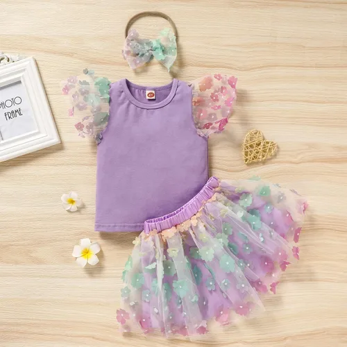 Vista 4 de Viworld Conjunto de falda para bebé niña pequeña, camiseta de manga con volantes, falda de tul con diadema, 3 piezas, vestido tutú para fiesta