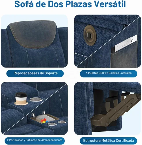 Vista 4 de Dresegmt Sofá reclinable, 2 vías multifunción manual de 3 plazas con portavasos, almacenamiento y puertos USB, moderno sofá multifuncional, sofá