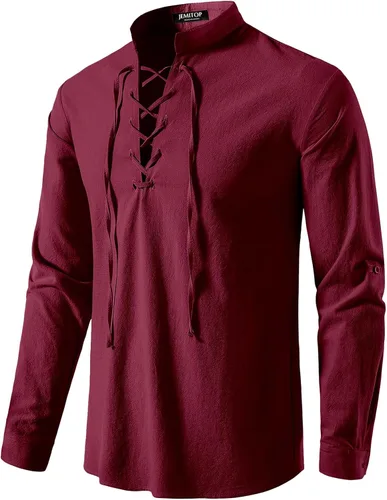 Vista 37 de JEMITOP Men's Pure Cotton Renaissance Lace Up Shirt Verde militar