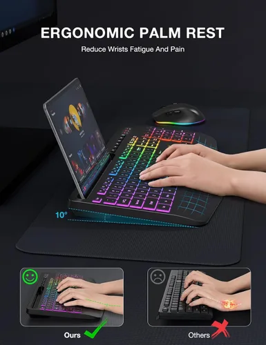 Vista 4 de SABLUTE Combo de teclado y mouse inalámbricos, 9 efectos retroiluminados, reposamuñecas, soporte para teléfono, teclados ergonómicos sin retrasos