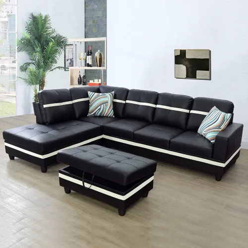 Vista 4 de Juego de sofá seccional de cuero para sala de estar, juego de 3 piezas con almacenamiento otomano negro para sala de estar/dormitorio/apartamento