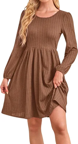 Vista 9 de Zaswen Vestido casual de punto para mujer, cuello redondo, manga larga, acampanado, vestidos de color sólido con bolsillos para primavera y otoño