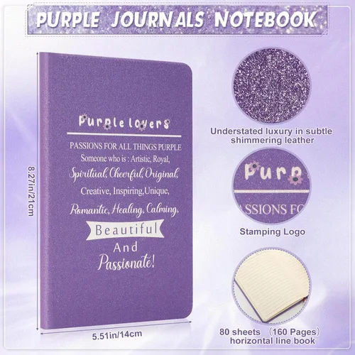 Vista 2 de Jetec 6 cuadernos morados de Navidad morados, regalos de diario de Navidad para mujeres, diario con purpurina con bolígrafos, juego de bolígrafos