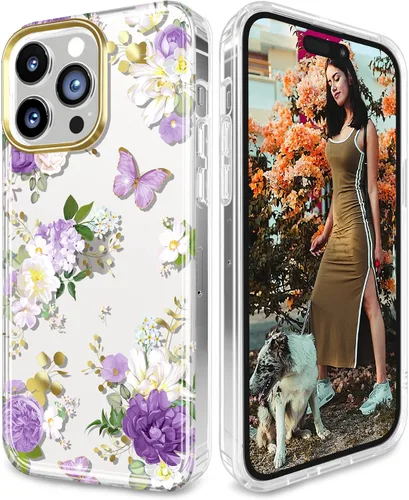 Vista 8 de Funda transparente compatible con iPhone 14 Pro chapado en oro, diseño de mariposa, a prueba de golpes, delgada, de poliuretano termoplástico