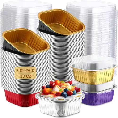 Vista 17 de Aoriher 300 piezas de moldes mini para pasteles de 10 onzas con tapas, moldes de papel de aluminio para hornear, moldes cuadrados desechables