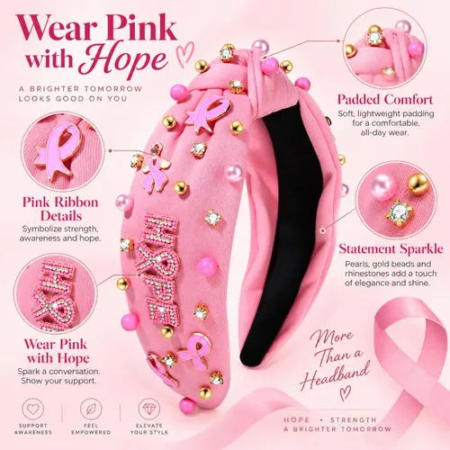 Vista 6 de Diadema rosa con lazo de esperanza de cristal y perla, diadema anudada para concientización sobre el cáncer de mama, accesorios para el cabello