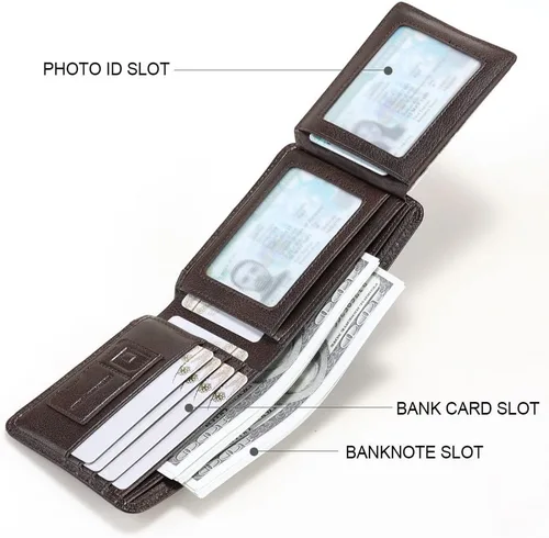 Vista 54 de Billetera de piel triple con bloqueo RFID para hombre con 2 ventanas de identificación, 2 compartimentos para efectivo, 6-8 ranuras para tarjetas