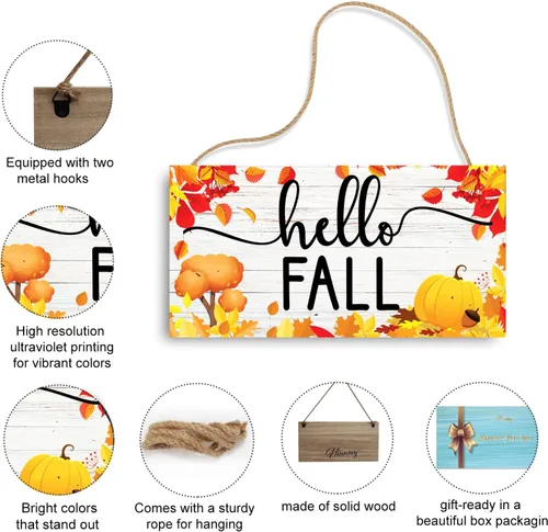Vista 3 de Letrero decorativo con texto en inglés "Hello Fall", decoración de madera de otoño de 11.9 x 6 pulgadas, colgante de pared rústico de otoño