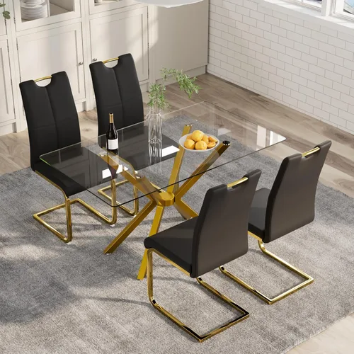 Vista 34 de 5-Piece 47" Dining Table with 4 PU Leather Chairs, Modern Dining Table Set for 4, Rectangle Black Top Kitchen Table with Black Metal Legs for Dining