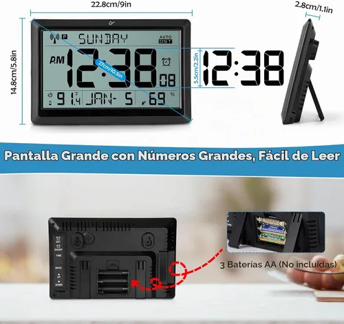 Vista 7 de Amgico Reloj de pared digital, reloj atómico de pantalla grande de 10.5", funciona con pilas, ajuste automático de calendario digital