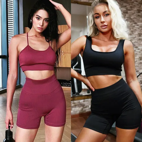 Vista 5 de Conjuntos de entrenamiento para mujer, 4 piezas, sin costuras, brasier deportivo de cintura alta, pantalones cortos para yoga, gimnasio, conjunto