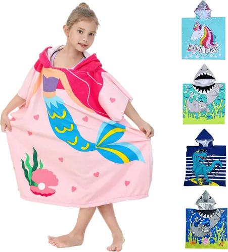 Vista 7 de Toalla de playa de dinosaurio con capucha para niños y niñas de 3 a 10 años con capucha, bata de baño para niños
