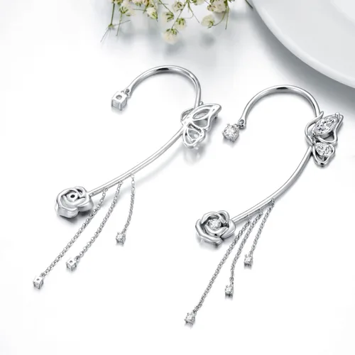 Vista 3 de Aretes de mariposa para mujer, de plata de ley, con diamantes de imitación, sin perforar, con clips de mariposa para mujer, Plata, Circonia cúbica