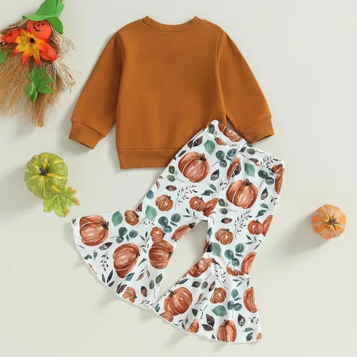 Vista 3 de Madjtlqy Conjunto de ropa de Halloween para bebé niña con estampado de calabaza con estampado de calabaza, camiseta de manga larga + pantalones