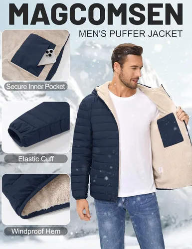 Vista 20 de MAGCOMSEN Chaqueta acolchada para hombre con capucha, forro de vellón, chaqueta térmica resistente al agua, chaqueta de plumón con cremallera