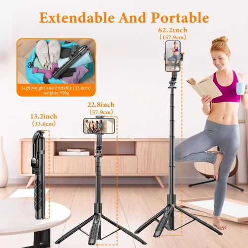 Vista 3 de Trípode de teléfono Selfie Stick de aleación de aluminio de 62 pulgadas con control remoto inalámbrico compatible con iPhone 17 16 15 14 13 pro Xs