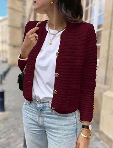 Vista 2 de PRETTYGARDEN Suéteres tipo cárdigan para mujer 2023 para otoño, frente abierto, con botones, manga larga, bolsillos, informal, de punto grueso, ropa