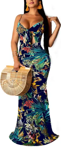 Vista 9 de Women's Summer Floral Spaghetti Strap Long Maxi Dresses Low-Cut Bohemian Beach Sundress Negro