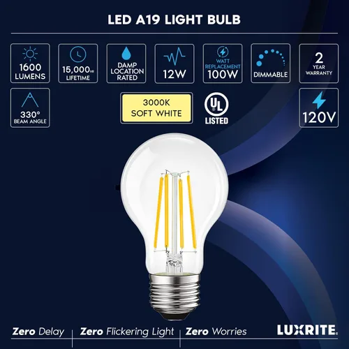 Vista 7 de LUXRITE Bombillas LED vintage A19 equivalentes a 100 W, 1600 lúmenes, blanco suave de 3000 K, bombillas Edison regulables, 12 W, clasificación