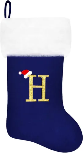 Vista 98 de Calcetines de Navidad bordados de 20 pulgadas con monograma, terciopelo negro con puño de felpa blanca supersuave, adornos clásicos para decoración
