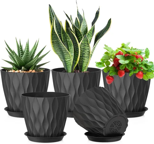 Vista 12 de Meowell Macetas pequeñas de plástico de 4 pulgadas, macetas de plántulas, juego de 5 macetas de ondas de agua para plantas de interior, macetas