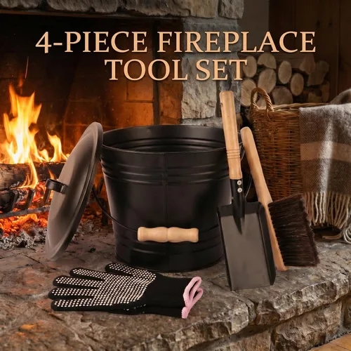 Vista 4 de Kit de limpieza de estufa y chimenea de 4 piezas: cubo de ceniza pequeño de 1.59 galones, cepillo, guantes, juego de herramientas de paleta