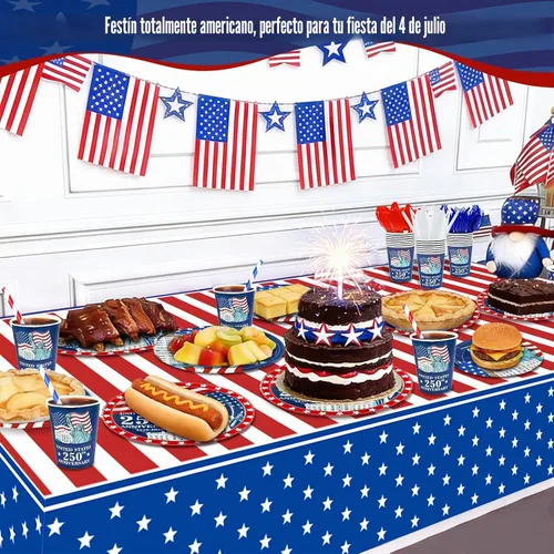Vista 4 de 256 piezas de decoración del 4 de julio, 250 aniversario, bandera patriótica estadounidense, suministros para fiesta, 32 4 de julio, platos de papel