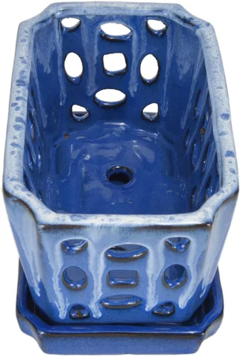 Vista 4 de W&W Orchid Pot with Holes and Saucer for Repotting, White and Blue, 9.7 Inch Blanco y azul 9.7