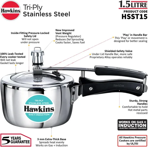 Vista 7 de HAWKINS Olla a presión de acero inoxidable triple, con tapa interior y cocina de inducción (HSST15) 1.5 litros, color plateado