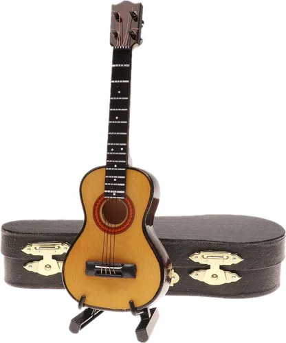 Vista 8 de Ukelele miniatura de madera con soporte y estuche, mini instrumento musical, réplica de ukelele, figuras coleccionables, modelo de decoración