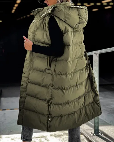Vista 3 de Grlasen Chaleco largo acolchado con capucha para mujer, abrigos de invierno acolchados con cremallera cálida y acolchada