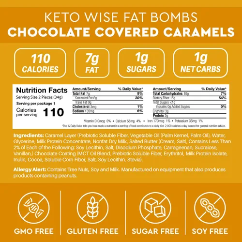 Vista 2 de Keto Wise Fat Bombs - Caramelos cubiertos de chocolate, aptos para dieta Bombas de grasa Keto con aceite MCT, sabor chocolate y caramelo con cero