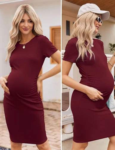Vista 3 de Ekouaer Vestido de maternidad para mujer, fruncido, acanalado, entallado, vestido de verano casual, vestido de embarazo S-XXL
