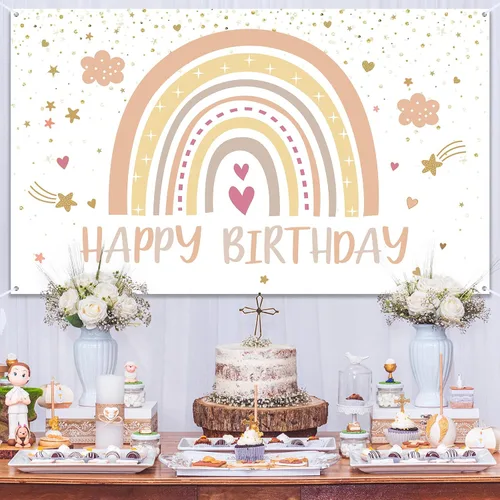Vista 4 de Hestya Decoraciones de fiesta boho arcoíris para cumpleaños, telón de fondo de cumpleaños de feliz primer cumpleaños, decoraciones de accesorios