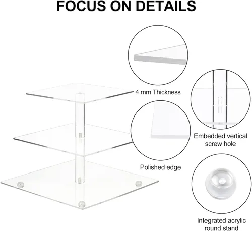Vista 3 de AMEITECH Soporte para magdalenas con base, soporte cuadrado de acrílico de 3 niveles, soporte de exhibición de postres de torre de pastelería