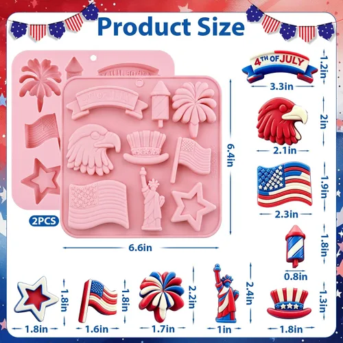 Vista 2 de Moldes de silicona para el 4 de julio, paquete de 2 moldes de chocolate para el Día de la Independencia, bandeja patriótica de silicona para dulces