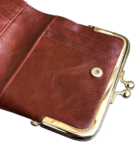 Vista 5 de AOXONEL Cartera pequeña Rfid para mujer, compacta, plegable, de cuero, vintage, con cremallera y cierre de beso, Vintage