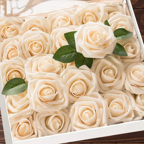 Vista 10 de Higfra Flores artificiales, 25 unidades, rosas falsas de espuma negra de aspecto real con tallos para ramos de boda, centros de mesa de despedida