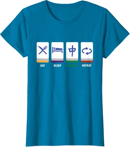 Vista 25 de Camiseta Mahjong Lover Eat Sleep Mahjong Tiles, Negro, S