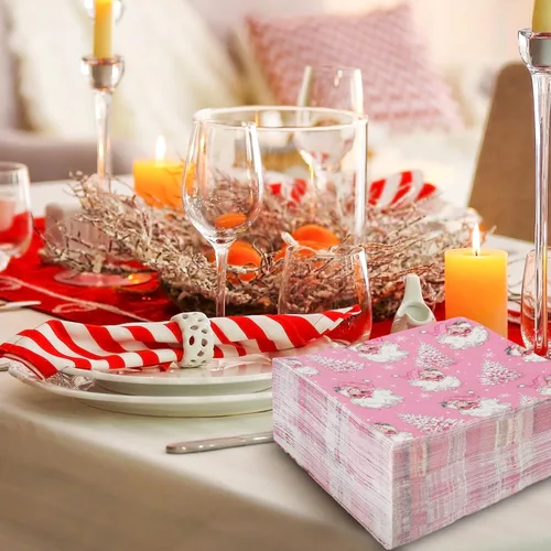 Vista 6 de Paquete de 80 servilletas desechables de Navidad de Papá Noel y árbol de Navidad, servilletas desechables de papel de Navidad para Navidad Santa Rosa